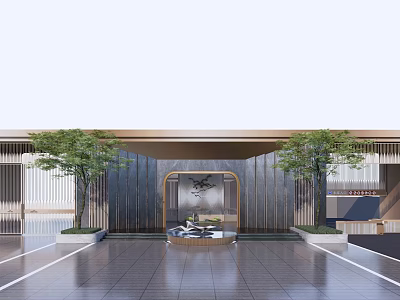 Elegant Modern Entrance Gate Design With Side Trees Decorative Wall And Stone Floor 3d model