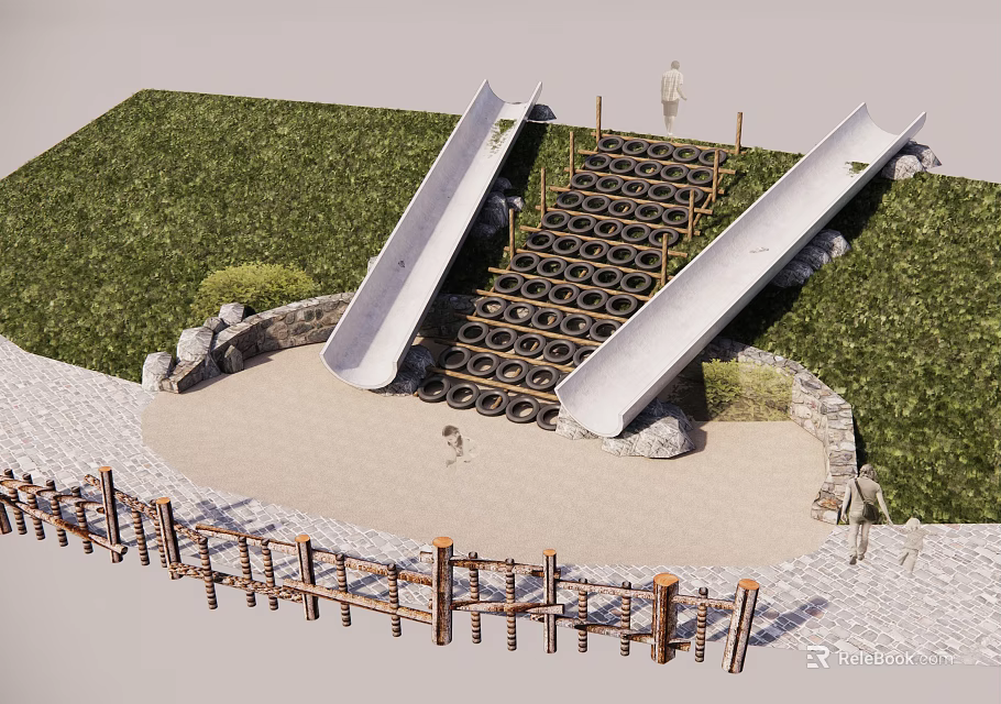 Outdoor Playground Equipment Featuring Double Slides Tire Stairs Grass Area and Wooden Fence 3d model 