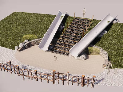 Outdoor Playground Equipment Featuring Double Slides Tire Stairs Grass Area and Wooden Fence 3d model