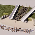 Outdoor Playground Equipment Featuring Double Slides Tire Stairs Grass Area and Wooden Fence