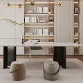 Modern Study Room Interior With White Bookshelves Large Desk And Hanging Lights
