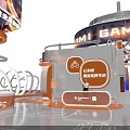 Chadmi Game World Expo Exhibition Booth With Orange White Design And Digital Display Screens