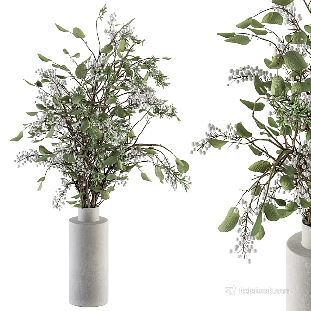 Modern Floral Arrangement with Green Leaves and White Flowers in Ceramic Vase Decor 3d model 
