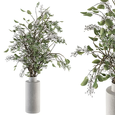 Modern Floral Arrangement with Green Leaves and White Flowers in Ceramic Vase Decor 3d model