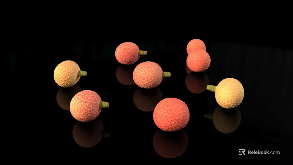 Ripe Red and Yellow Lychee Fruits with Green Stems on Black Background 3d model 