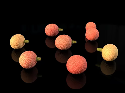 Ripe Red and Yellow Lychee Fruits with Green Stems on Black Background 3d model