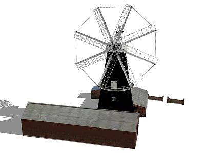 Black Windmill Tower With Multiple Spinning Blades And Adjacent Cottage Roof 3d model