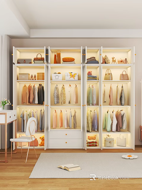 Modern Spacious White Wardrobe With Embedded LED Lights For Clothes Bags And Home Accessories Storage 3d model 