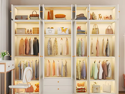 Modern Spacious White Wardrobe With Embedded LED Lights For Clothes Bags And Home Accessories Storage 3d model