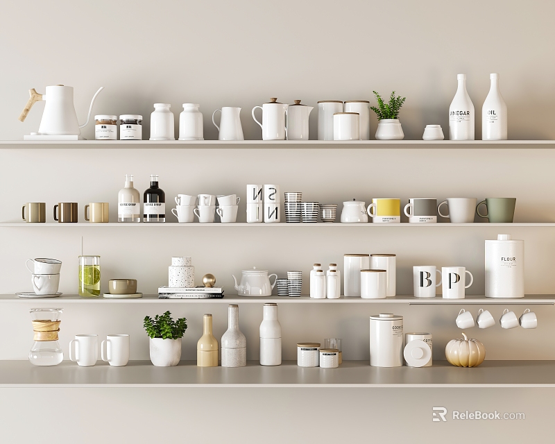 Minimalist Modern Kitchenware Display On White Shelves With Kettles Mugs Jars Bottles And Plant Decorations 3d model 