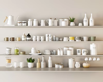 Minimalist Modern Kitchenware Display On White Shelves With Kettles Mugs Jars Bottles And Plant Decorations 3d model