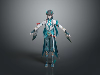 Game and Movie Character in Teal Blue Outfit With Ornate Hairstyle and Flowing Cape 3d model