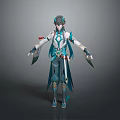 Game and Movie Character in Teal Blue Outfit With Ornate Hairstyle and Flowing Cape