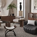 Modern Living Dining Room Interior With White Sofa Round Coffee Tables Sculpture Plants And Blinds