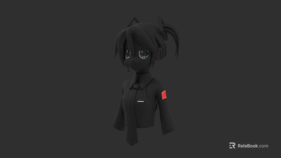 Anime Style 3D Character With Black Hair Pigtails Headphones And Red Patch 3d model 