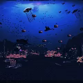 Stunning Deep Blue Underwater Seascape With Diverse Marine Life And Lush Coral Along The Seabed