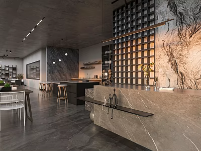 Modern Hotel Lobby Interior With Marble Reception Desk Decorative Grid Wall And Hanging Lights 3d model