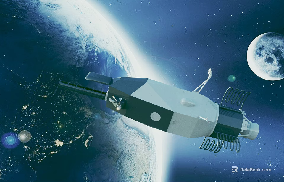 Cartoon Scene Featuring Satellite Orbiting Earth With Moon And Starry Sky 3d model 