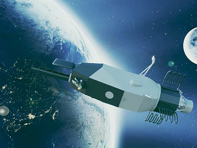 Cartoon Scene Featuring Satellite Orbiting Earth With Moon And Starry Sky 3d model