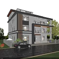 Modern Detached Villa Exterior Design With Two Story Structure Lawn Trees And Car On Driveway