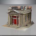 Architectural Model Of Small Building With Red Door Stone Steps And Decorative Items On Roof