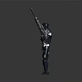 Mechanical Robot Character Standing With Rifle And Red Detail In Metallic Design