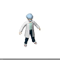 Anime Character In White Lab Coat With Light Blue Hair Glasses Dark Pants And Red Shoes