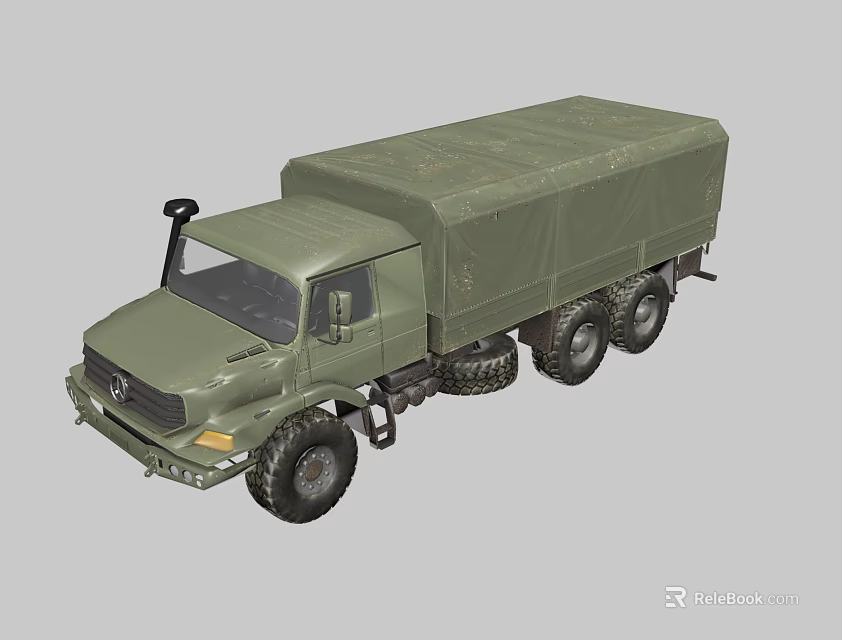 Military Green Utility Vehicle with Canvas Covered Cargo Bed and Multiple Wheels 3d model 
