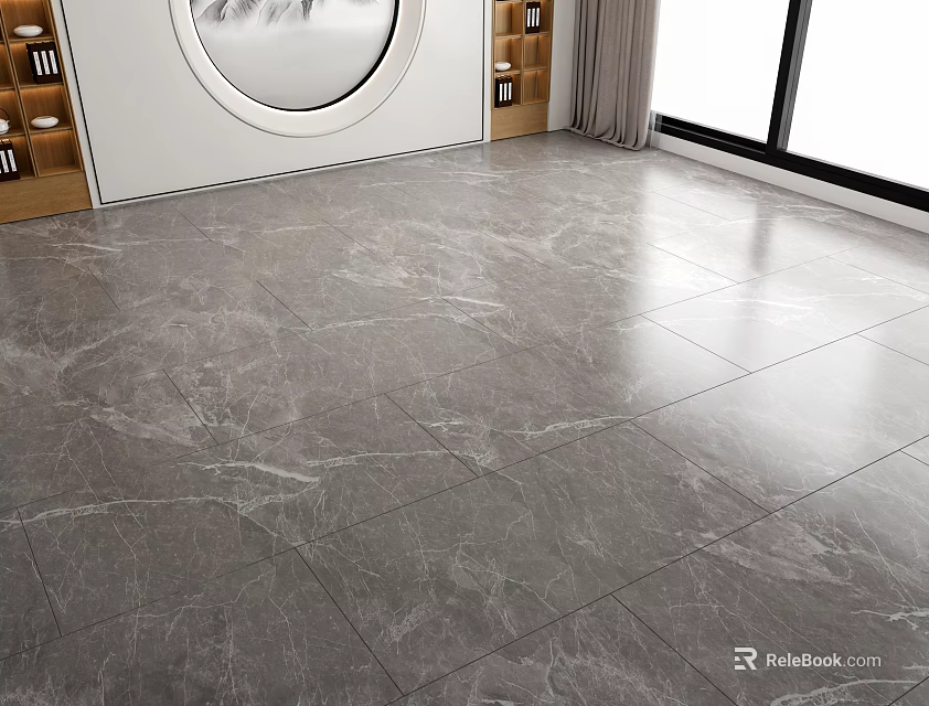 Gray Marble Floor Tiles In Modern Living Room With Large Windows 3d model 