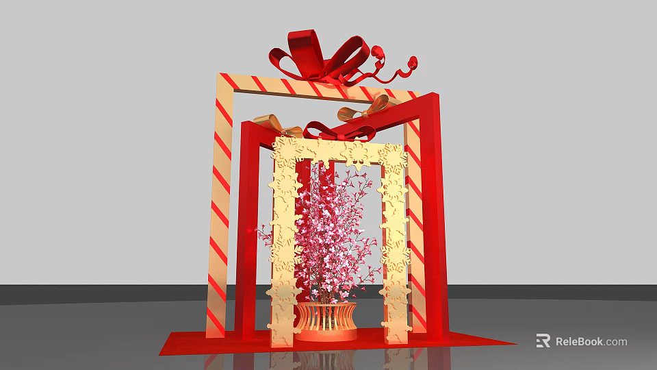 Decorative Gift Box Frame With Red Bow Red White Stripes And Pink Flowering Branches 3d model 
