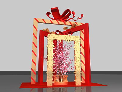 Decorative Gift Box Frame With Red Bow Red White Stripes And Pink Flowering Branches 3d model