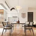 Modern Open Concept Living Dining Room Interior With Sofa Wall Art Chandelier And Wooden Flooring