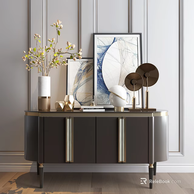 Modern Entryway Cabinet Sideboard With Decorative Vase Artwork And Gold Handles 3d model 