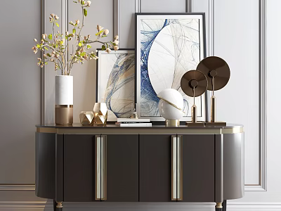 Modern Entryway Cabinet Sideboard With Decorative Vase Artwork And Gold Handles 3d model