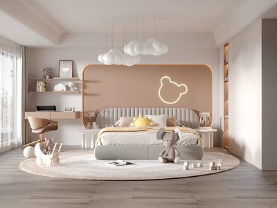 Cozy Modern Kids Room Interior With Soft Color Bed Cloud Pendant Lights And Stuffed Toys 3d model