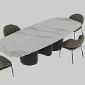 Modern Oval Dining Table Set With Marble Top Dark Bases And Light Gray Chairs