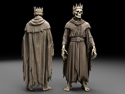 Ancient Skeleton King Figure With Tattered Robe And Crown Front Back Views 3d model
