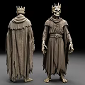 Ancient Skeleton King Figure With Tattered Robe And Crown Front Back Views