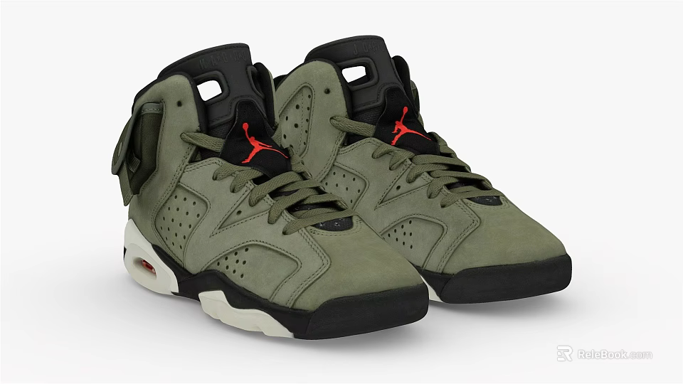 Olive Green High Top Shoes With Velcro Strap Red Logo Black Sole And Suede Upper 3d model 