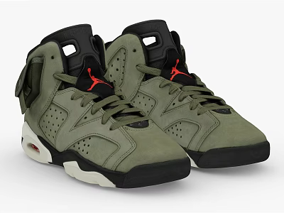 Olive Green High Top Shoes With Velcro Strap Red Logo Black Sole And Suede Upper 3d model