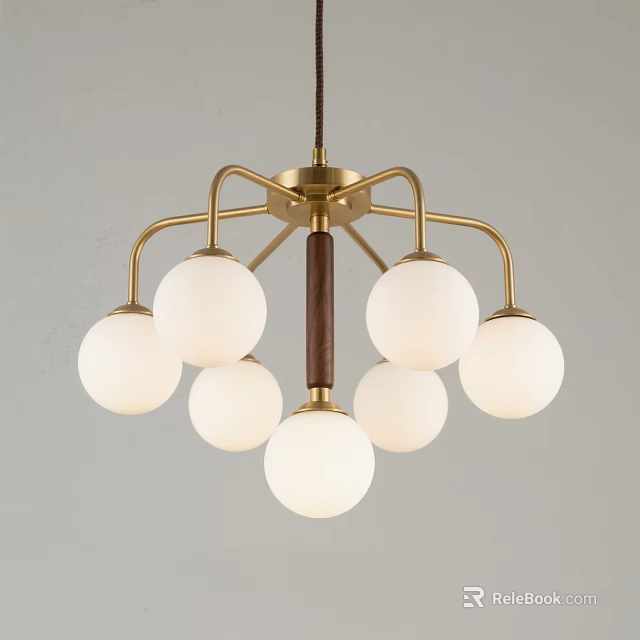 Modern Chandelier With Golden Metal Frame Wooden Center And White Spherical Shades 3d model 