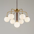 Modern Chandelier With Golden Metal Frame Wooden Center And White Spherical Shades