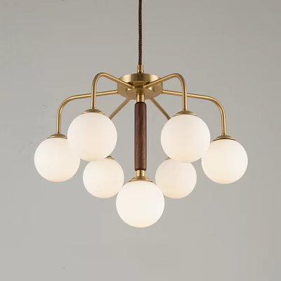 Modern Chandelier With Golden Metal Frame Wooden Center And White Spherical Shades 3d model