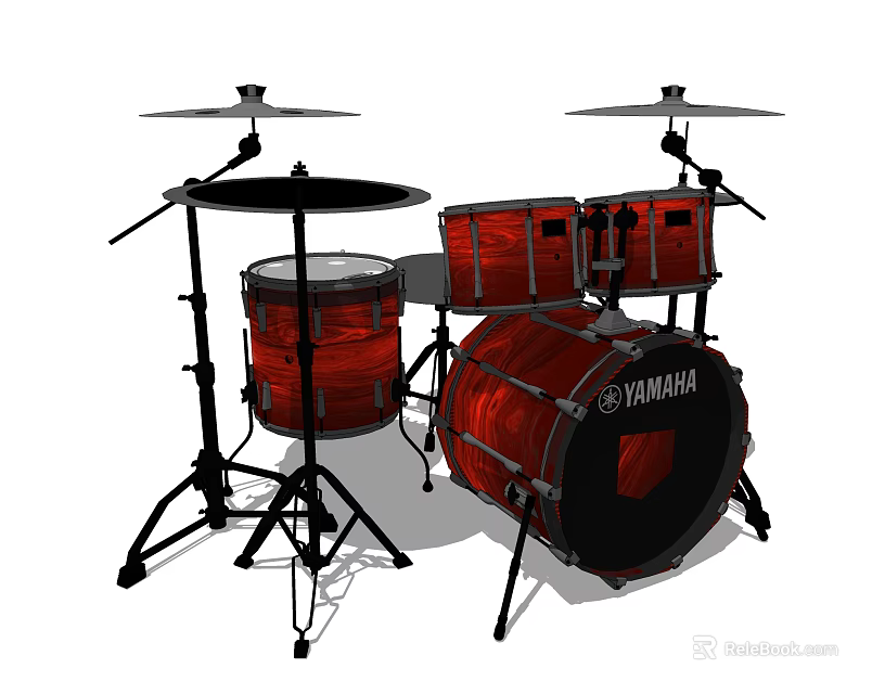 Yamaha Musical Instrument Drum Set With Red Wood Grain Design And Stands 3d model 