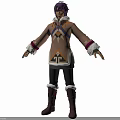 Man with purple hair wearing brown coat and black pants with white fur trim