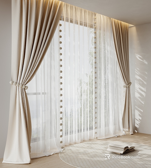Beige Curtains With White Sheer And Polka Dot Accents By Window Side With Natural Light 3d model 