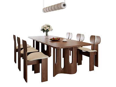 Modern Wooden Dining Table Set With Six Stylish Chairs Flower Vase Fruits And Hanging Light 3d model