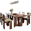 Modern Wooden Dining Table Set With Six Stylish Chairs Flower Vase Fruits And Hanging Light