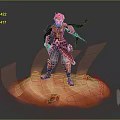 Red Haired Game Character In Blue And Red Outfit With Weapon Orange Aura And Red Gems