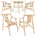 Natural Wooden Dining Table Set With Armchairs And Round Table Top 3d model